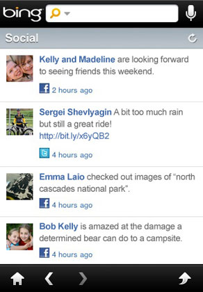 Connect Facebook and Twitter accounts to view, respond and search combined status updates from friends and family within the Bing app.