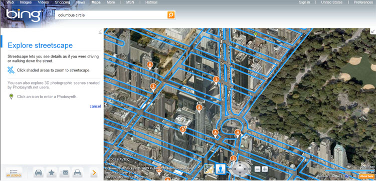 This 3D view of Columbus Circle allows you to put the popular landmark in perspective.  The blue shading indicates areas where the new Streetside imagery is available.