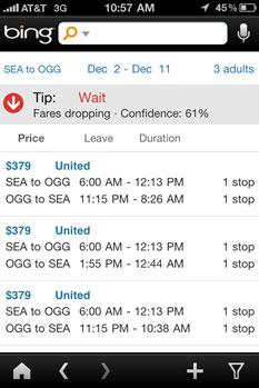 Provides a “Buy Now” or “Wait” recommendation based on whether flights will increase or decrease in price using Farecast technology.