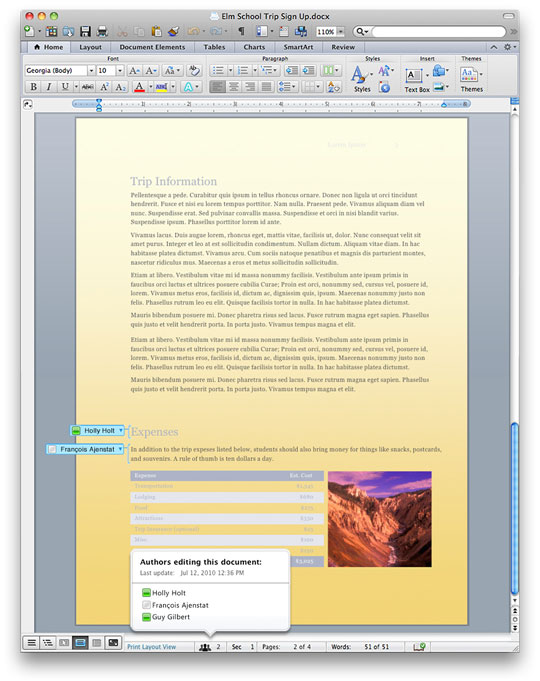 Co-authoring in Word for Mac 2011 lets you simultaneously edit the same document with others. You can also initiate a conversation with other editors instantly, right from Word 2011.