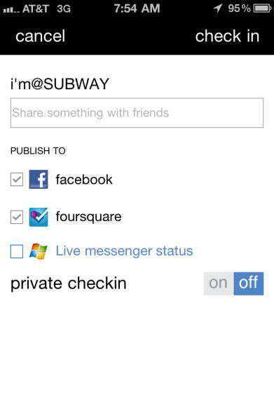 Share your current location with friends and family via Facebook, Foursquare or Windows Live. Check in via the homepage or from a local listing page.