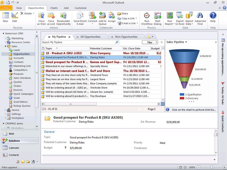 Microsoft Dynamics CRM 2011 integrates a variety of customer data seamlessly within Outlook to create a "pipeline" of potential leads within a familar UI.