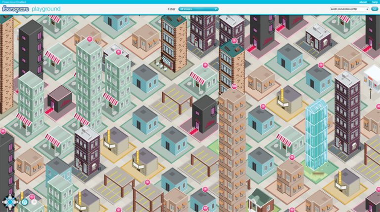 Shown here in Internet Explorer 9, the foursquare playground uses HTML5 Geolocation and Internet Explorer to provide data visualizations of a foursquare check-ins in a digital cityscape.