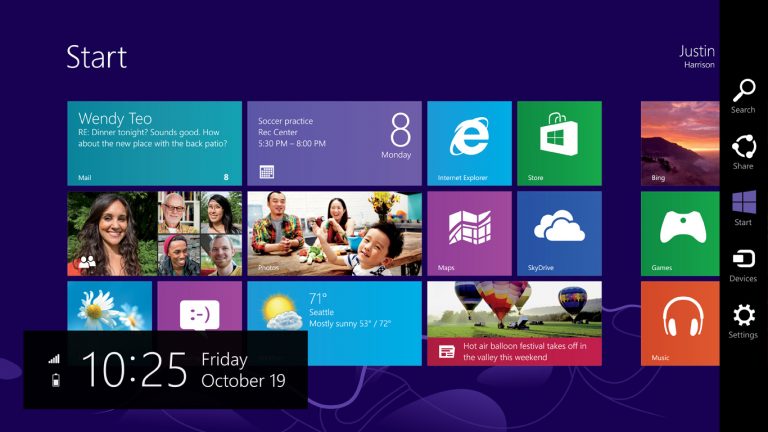 Swiping from the right side of the screen reveals the charms with system commands.