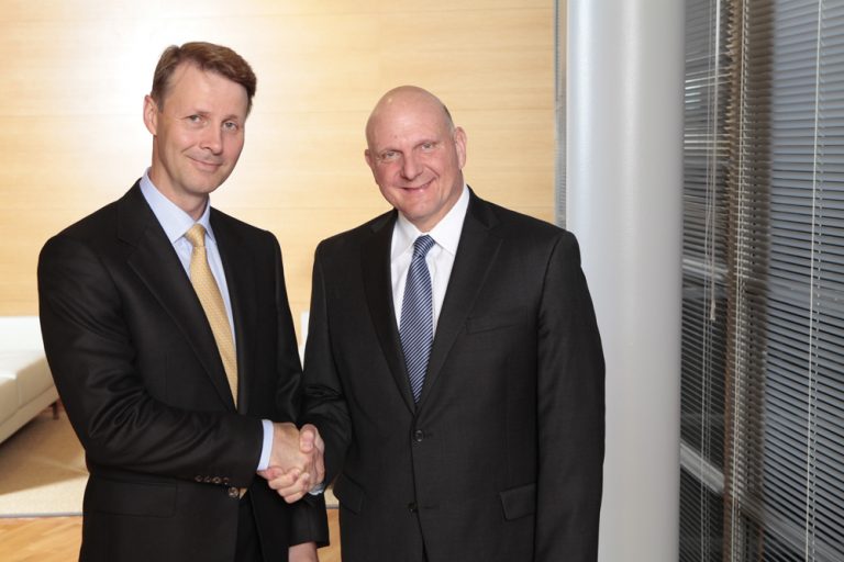 Nokia Chairman of the Board of Directors and Interim CEO Risto Siilasmaa and Microsoft CEO Steve Ballmer following Tuesday’s announcement.