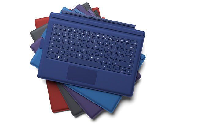 The backlit Surface Pro Type Cover lets you work or play at any hour. One of the thinnest mechanical keyboards available, Surface Pro Type Cover features a QWERTY keyboard, a full row of Function keys (F1–F12), Windows shortcut keys, media controls and an improved touchpad. Flip the cover back, and take Surface Pro 3 from laptop to tablet in an instant. When closed, Surface Pro Type Cover shuts down your display to preserve battery life. Choose from five colors — purple, red, blue, cyan and black — to express your own personal style. Color availability varies by market