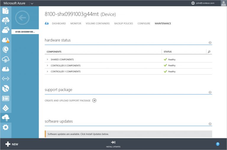 Microsoft Azure StorSimple Manager Health and Maintenance Screen