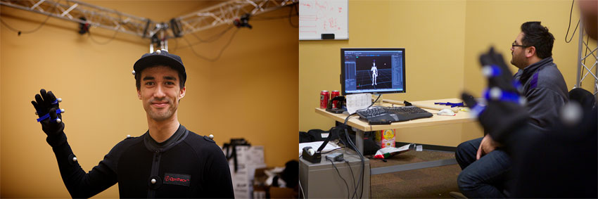 Senior Tagger Alexander Clark suits up in a mo-cap outfit while colleague Anatole Chen analyzes his movements.
