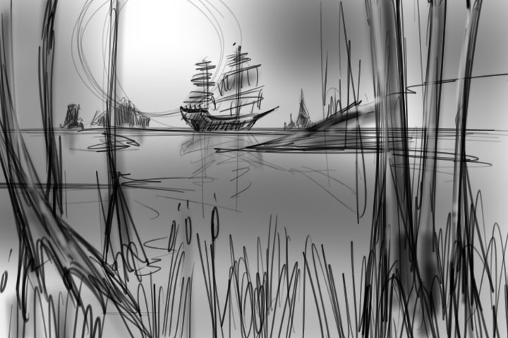 Rogan’s early sketch of the Flying Dutchmen