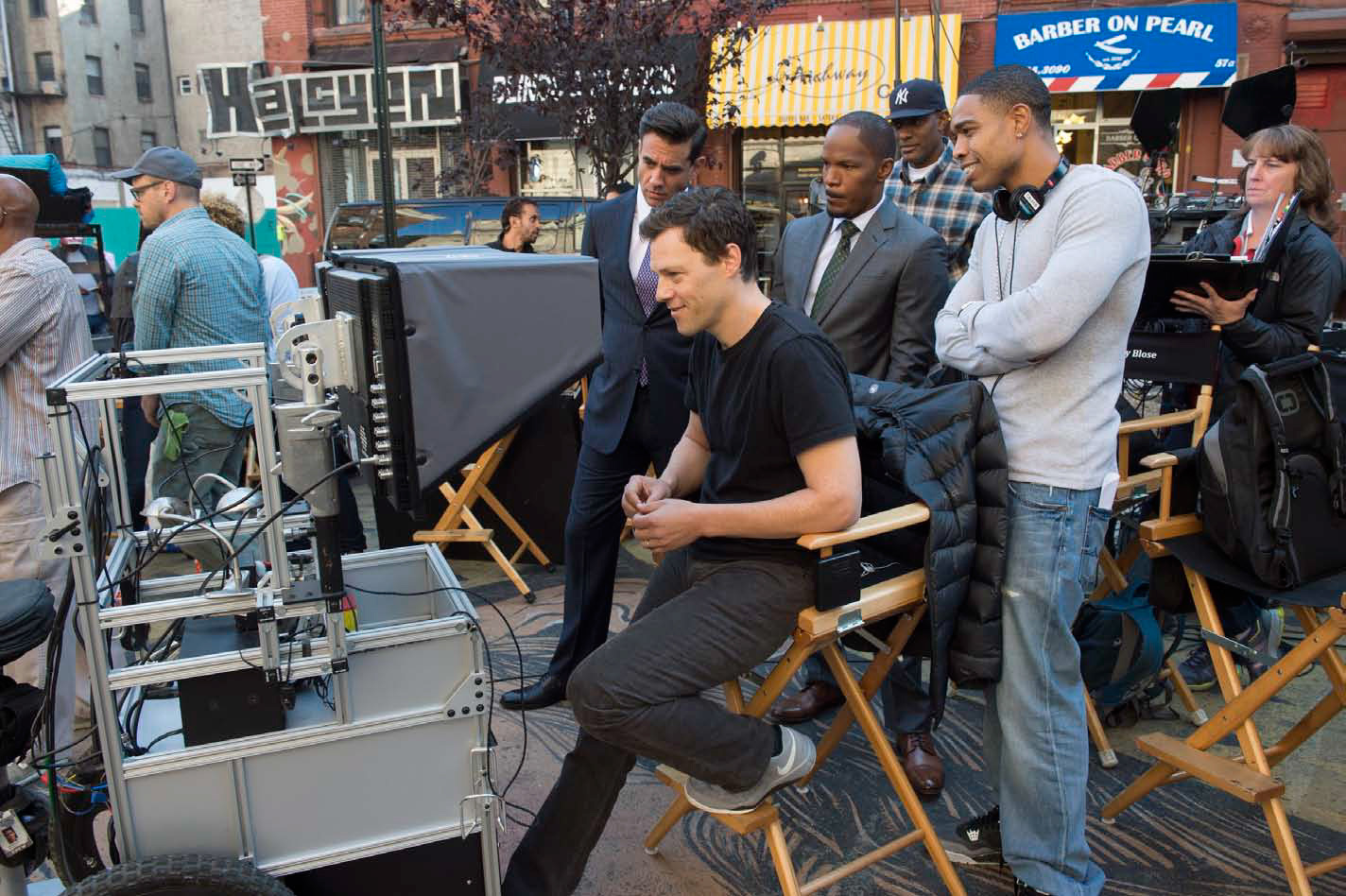 “Annie” director and writer Will Gluck, who uses Microsoft products daily, on the set of the film with Jamie Foxx and Bobby Cannavale. Photo credit: Sony Pictures Entertainment