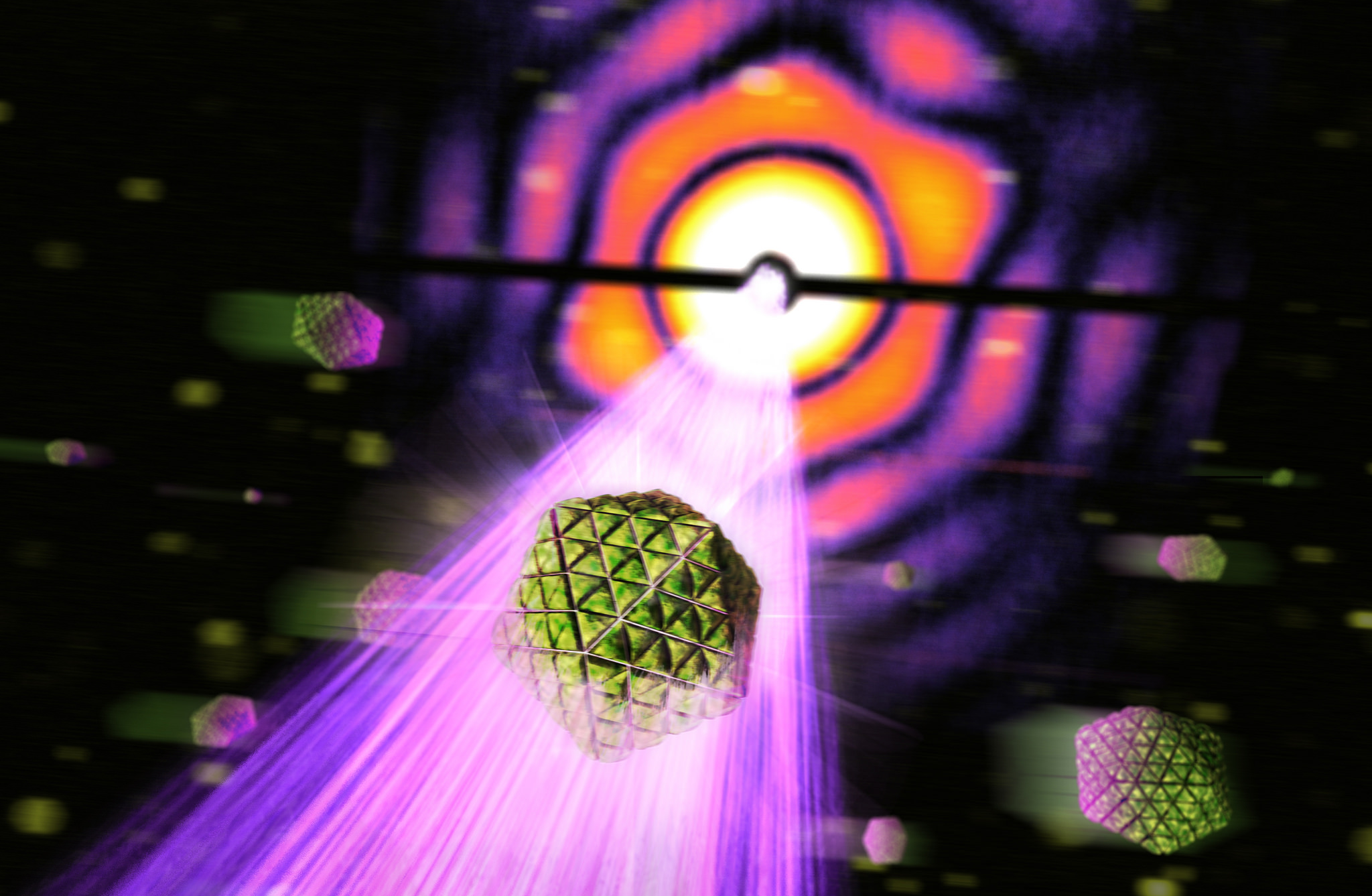 A high-resolution X-ray laser image depicts a bacterial cell being struck by an X-ray pulse at SLAC. (Photo courtesy SLAC.)