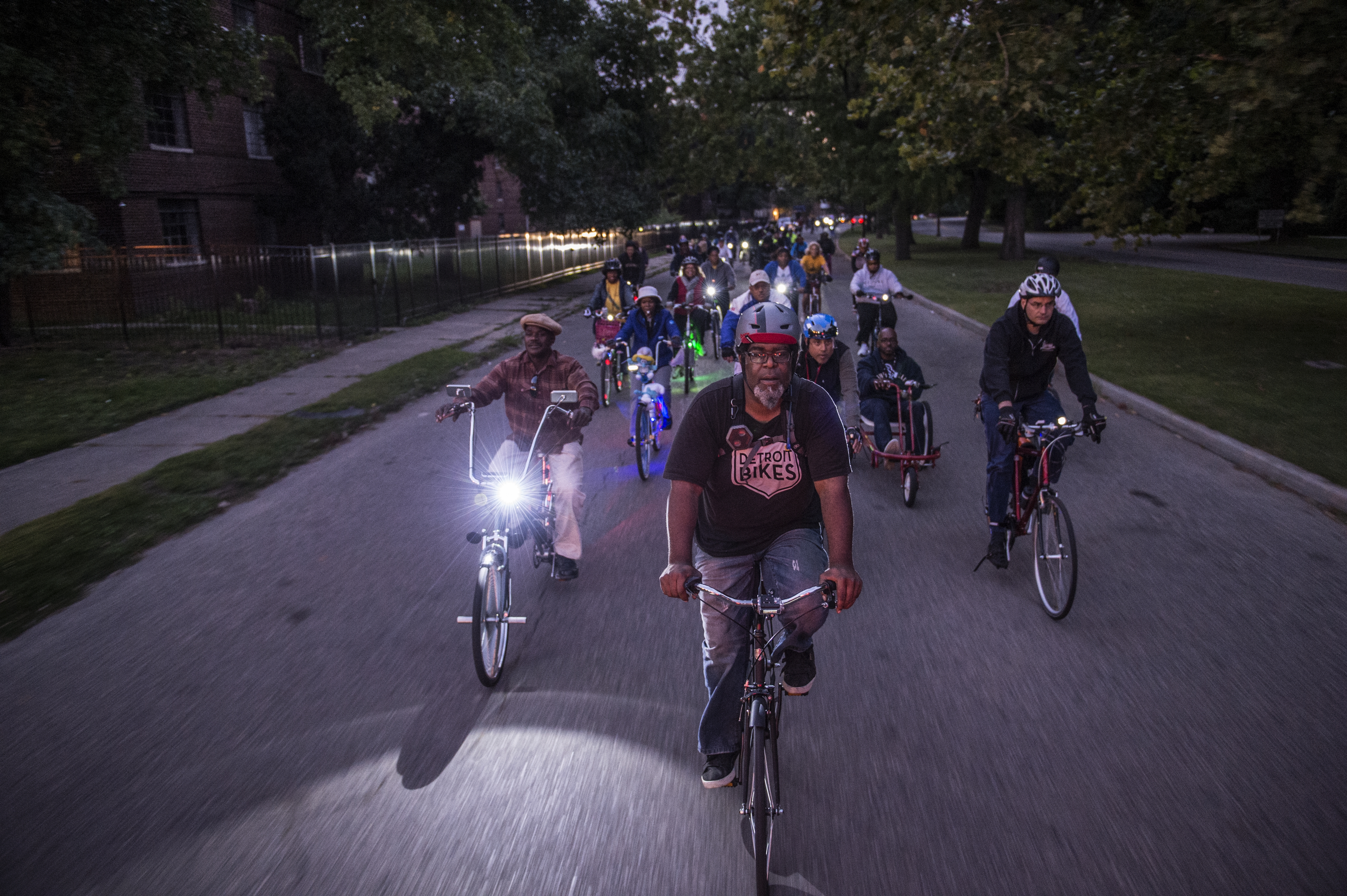 Detroit Bikes master builder Henry Ford II leads a bike ride in Detroit. Photo by Ami Vitale.