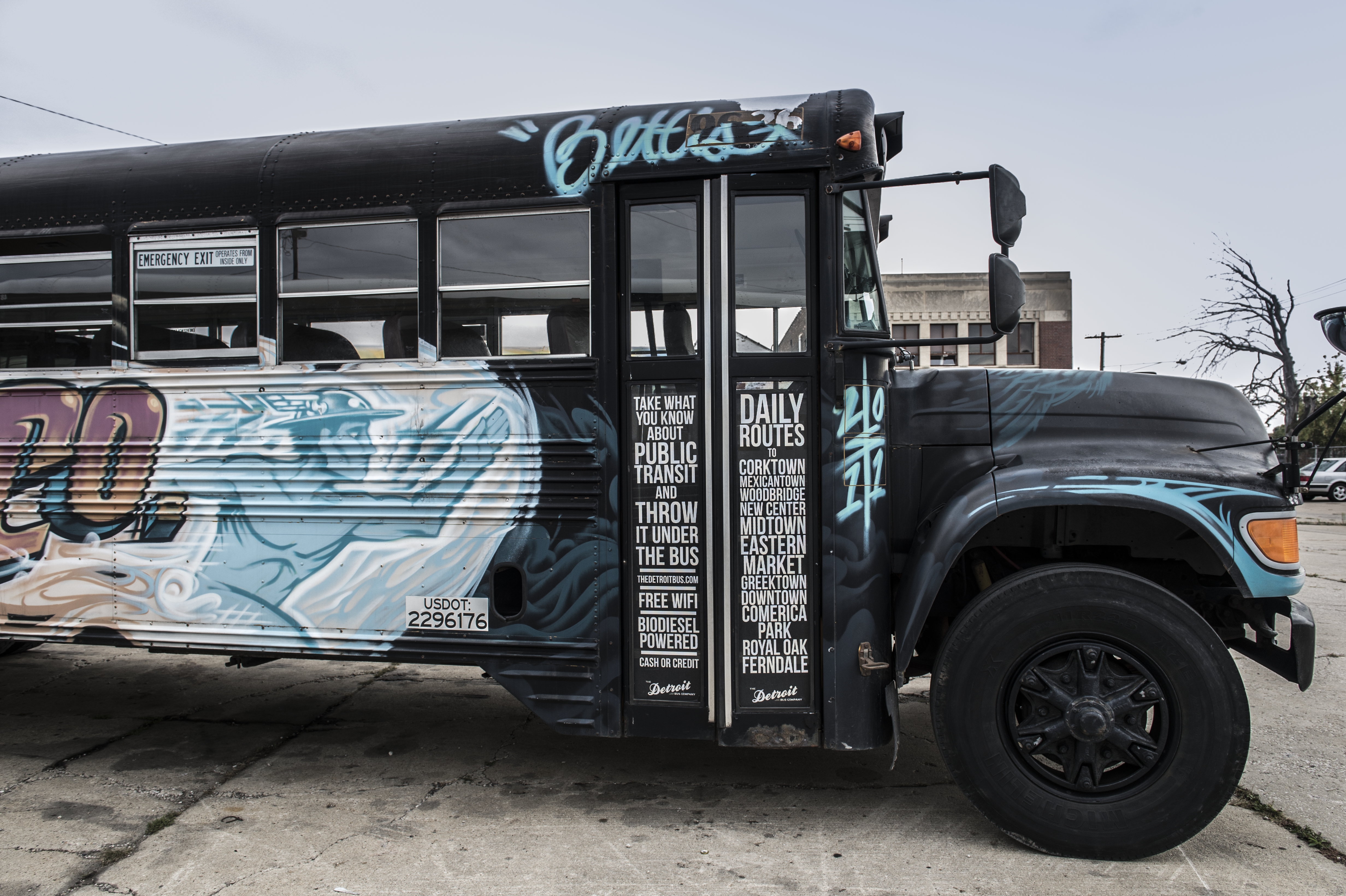 "Bettis," a refurbished school bus painted by a graffiti artist, was Andy Didorosi's first bus for The Detroit Bus Company. Photo: Ami Vitale.