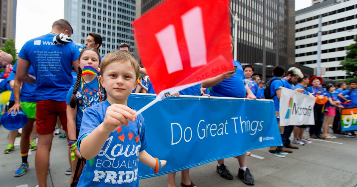 Emiliano Herrejon-Crucher, 5, joins his uncle, John Payes (not pictured), a Microsoft employee, at Seattle’s Pride Parade.