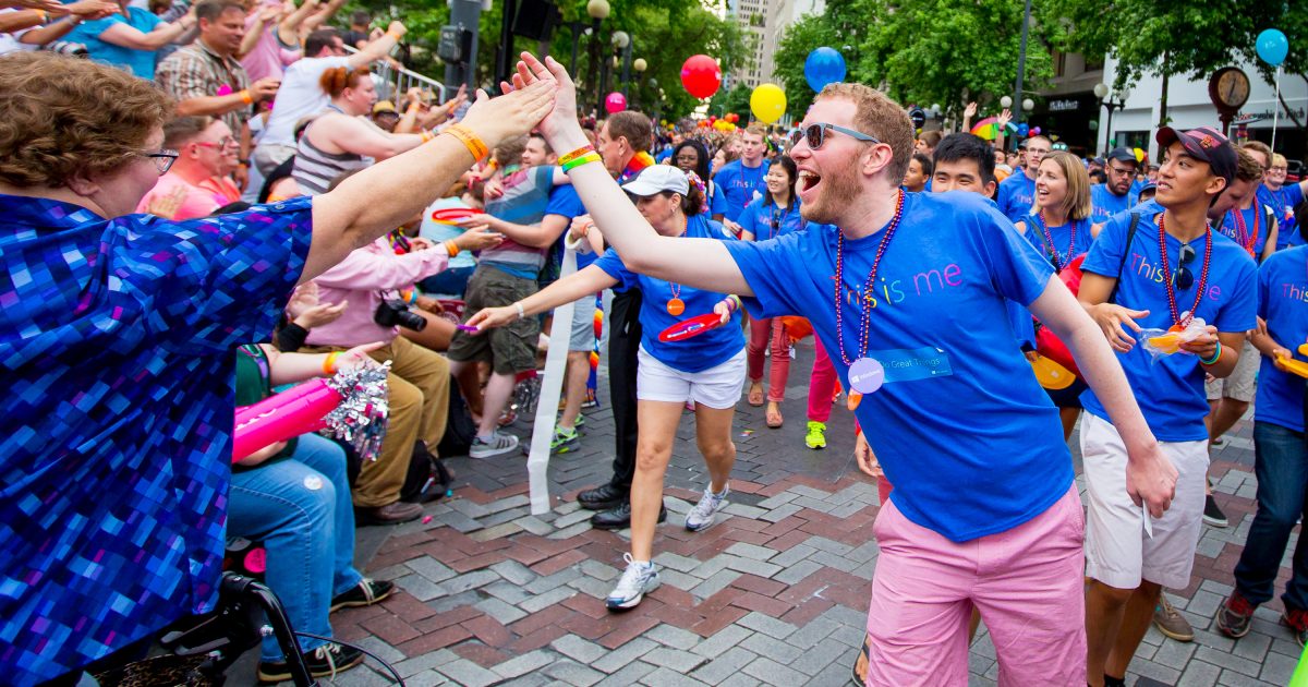 Microsoft employees, partners, family and friends march in Seattle’s Pride Parade.