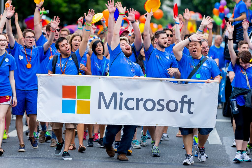 Microsoft employees, partners, family and friends march along the three-mile route of Seattle's 41st annual Pride Parade on Sunday.