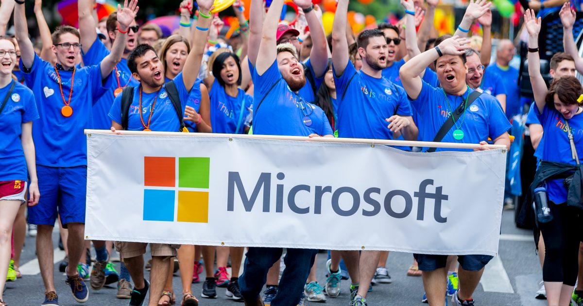 Microsoft employees, partners, family and friends march along the three-mile route of Seattle's 41st annual Pride Parade on Sunday.
