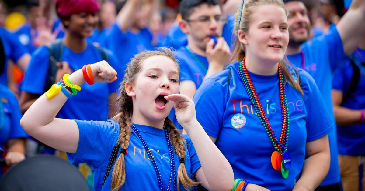 Microsoft employees, partners, family and friends march along Seattle’s three-mile Pride Parade route.