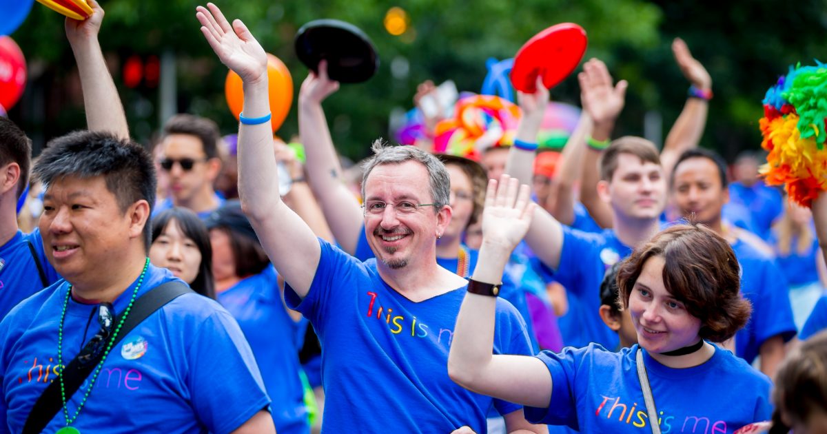 Brian Murphy, center, and other Microsoft employees celebrate Pride.