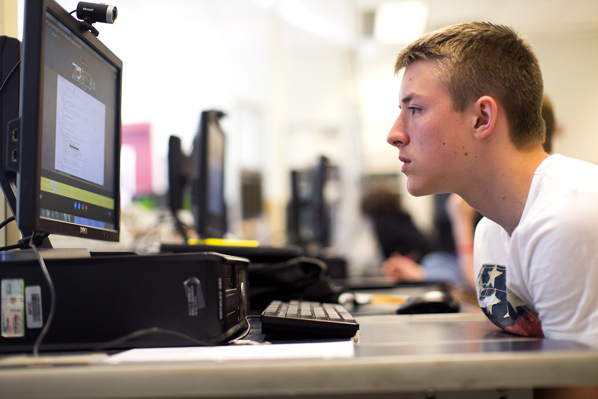 High school student Nick Stacy during a session of the daily Introduction to Computer Science class at the Morgan County Area Technology Center. Photo by Mike Kane.