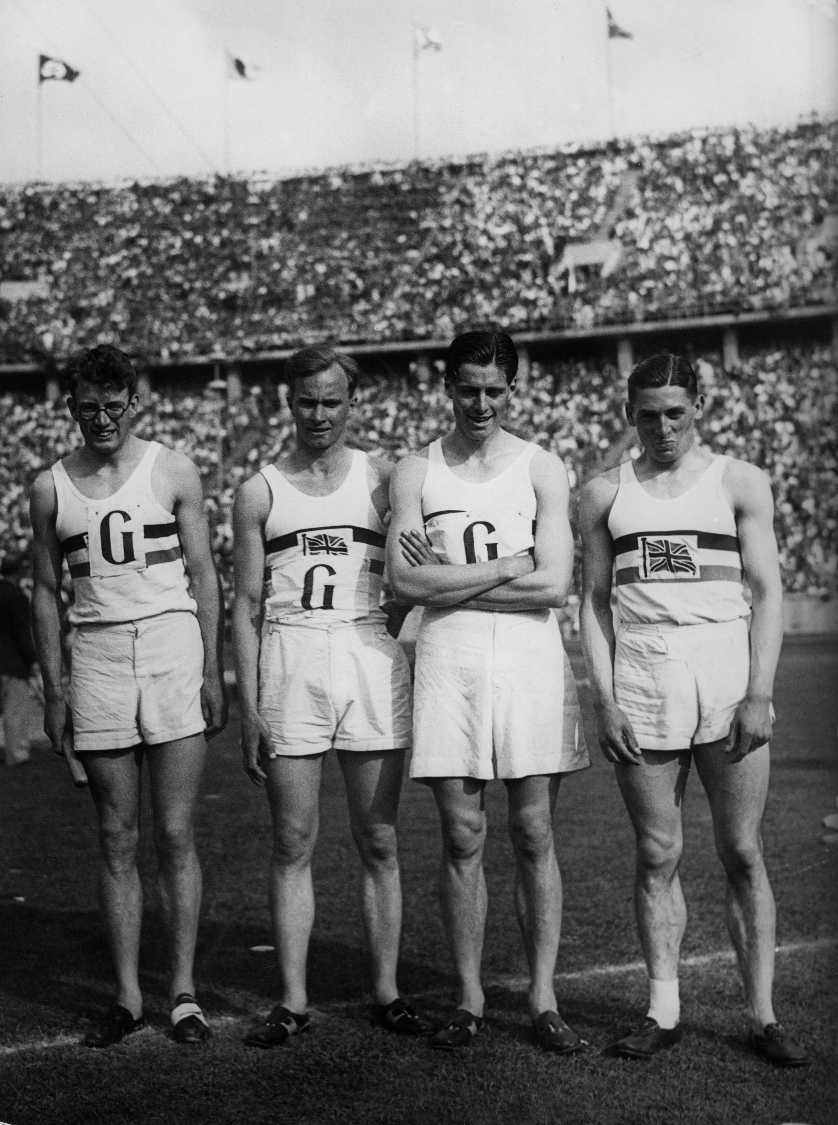 British 4 x 400-meter relay 1936 Olympic gold medalists Godfrey Brown, Frederick “Freddie” Wolff, Godfrey Rampling and William Roberts. (Getty Images)