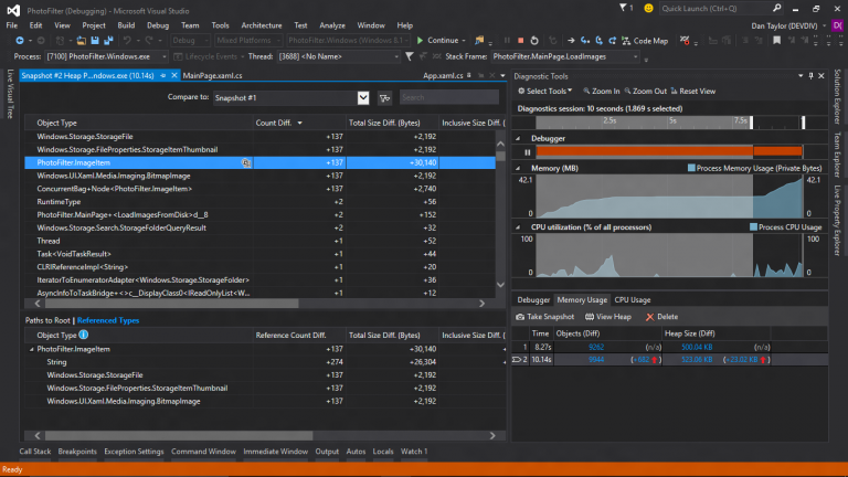 Diagnostic Tools with memory snapshots open