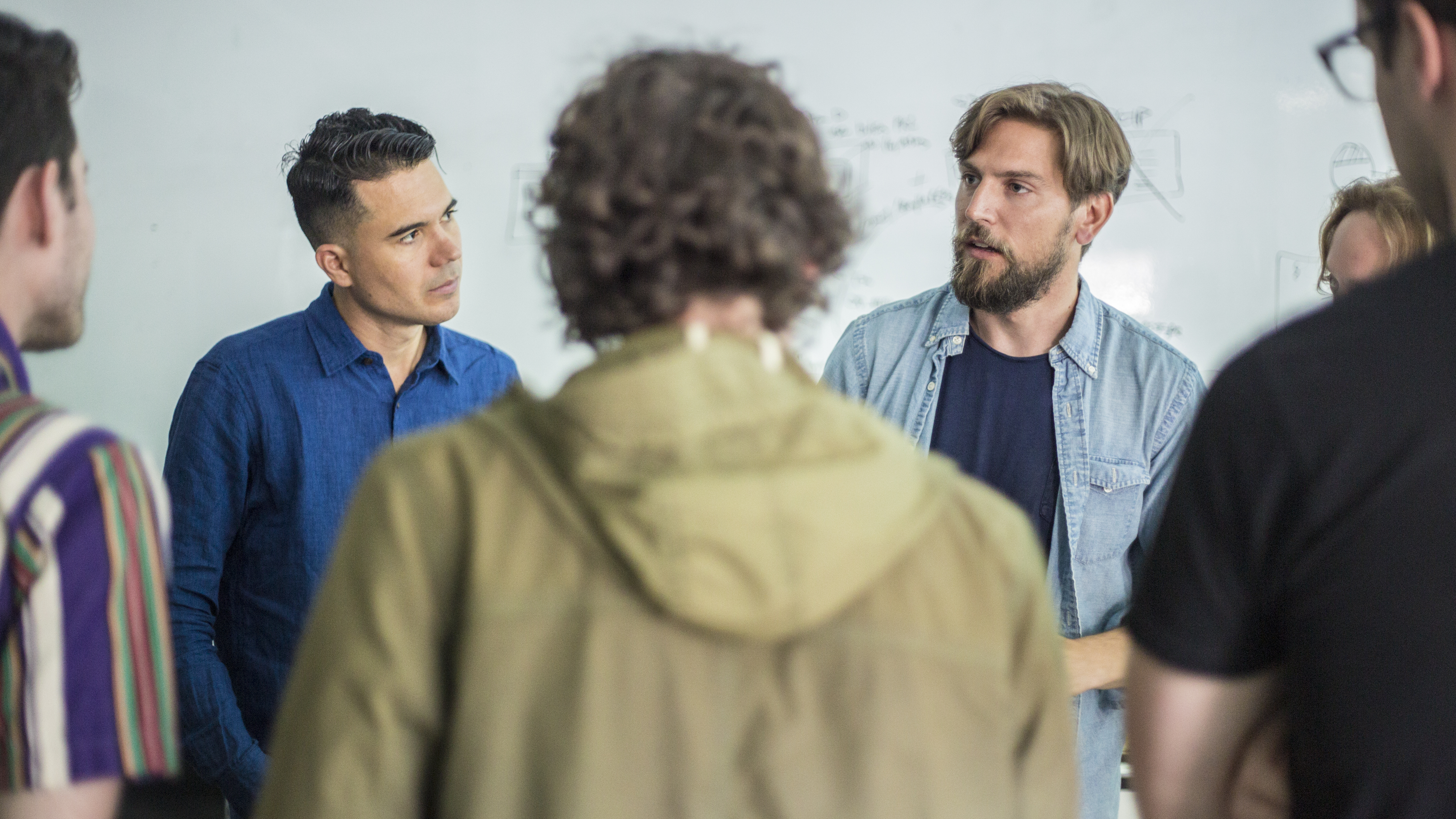 Matthew Dear (left) and Drew Seskunas discuss the project during a team planning session at the New Museum’s NEW INC incubator space. (Photo by Joe Mischo)