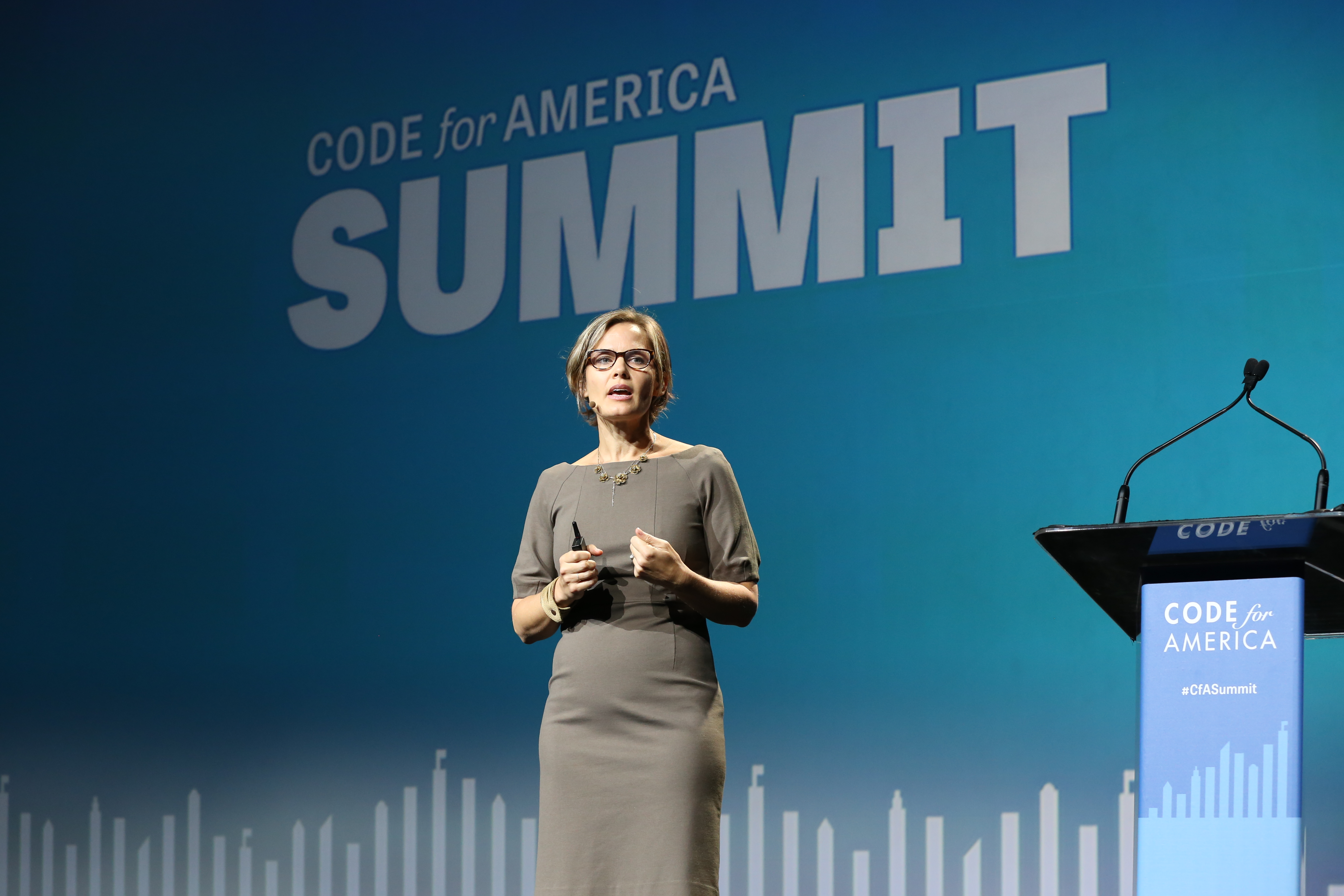 Jennifer Pahlka gives the opening remarks at the 2015 Code for America Summit.