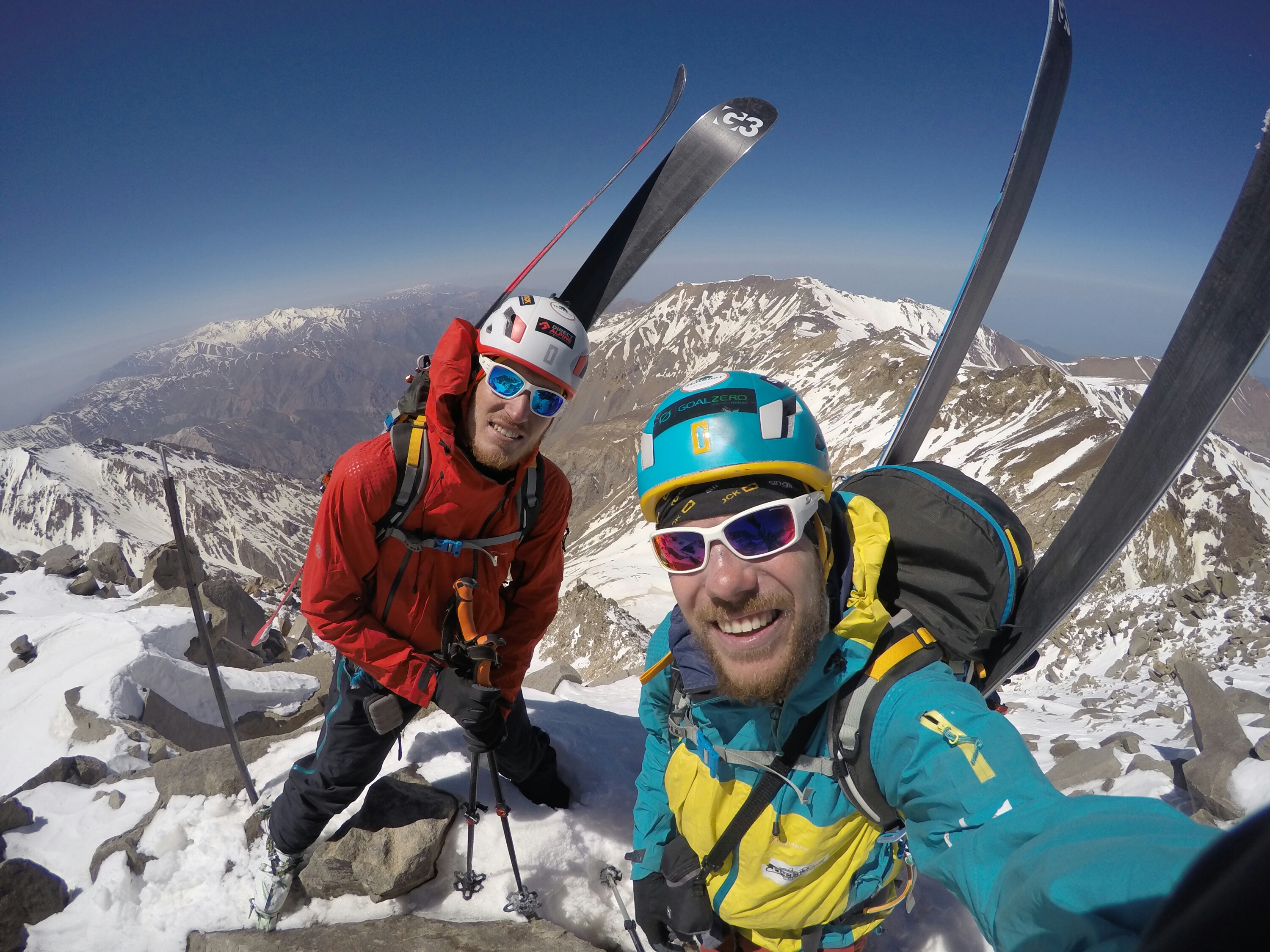 Martin Štourač, left, and Karel Svoboda at the summit of Takhte-e Solleiman (15,000 feet), Alam Kooh Mountains, Iran
