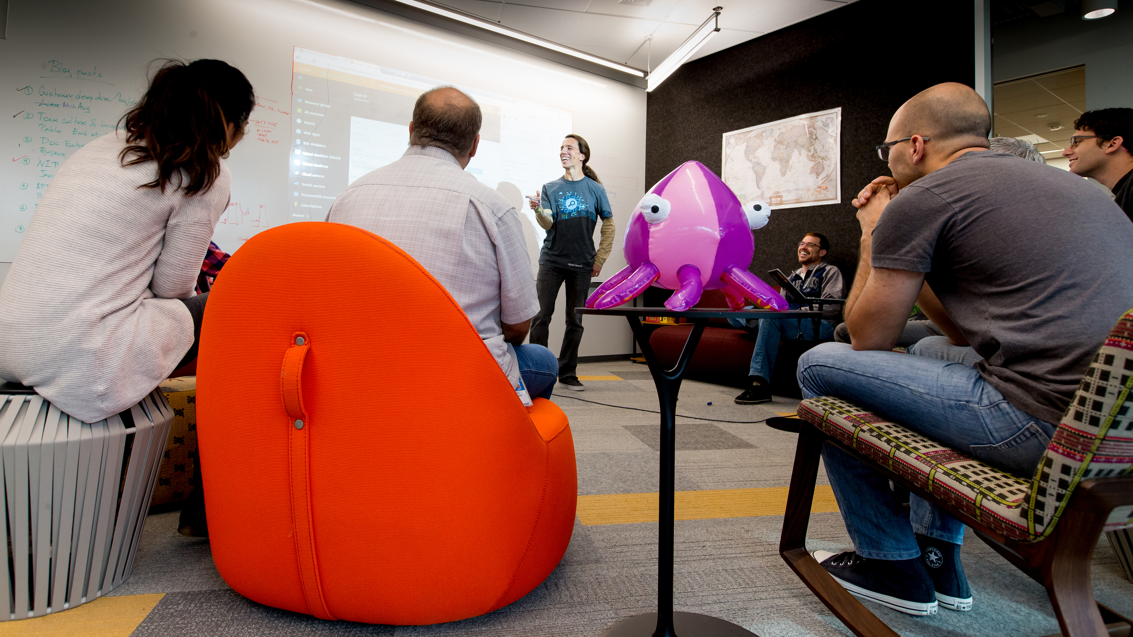 Pablo Castro (center) makes a point during an Azure Search team meeting.