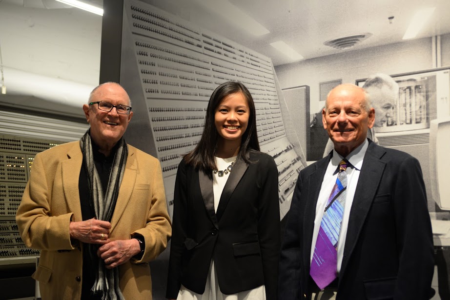 Valerie Chen, an 18-year-old high school senior, was one of four students honored at the Living Computer Museum recently. Here she is pictured with Gordon Bell (left) and Dave Cutler.