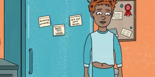 Cartoon teenager in front of a refrigerator