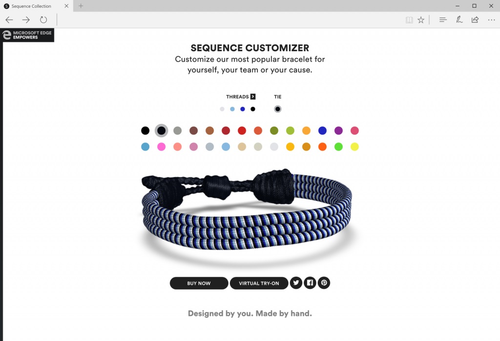 a corded bracelet with text that reads: sequence customizer, customize our most popular bracelet for yourself, your team or your cause. Designed by you. Made by hand.