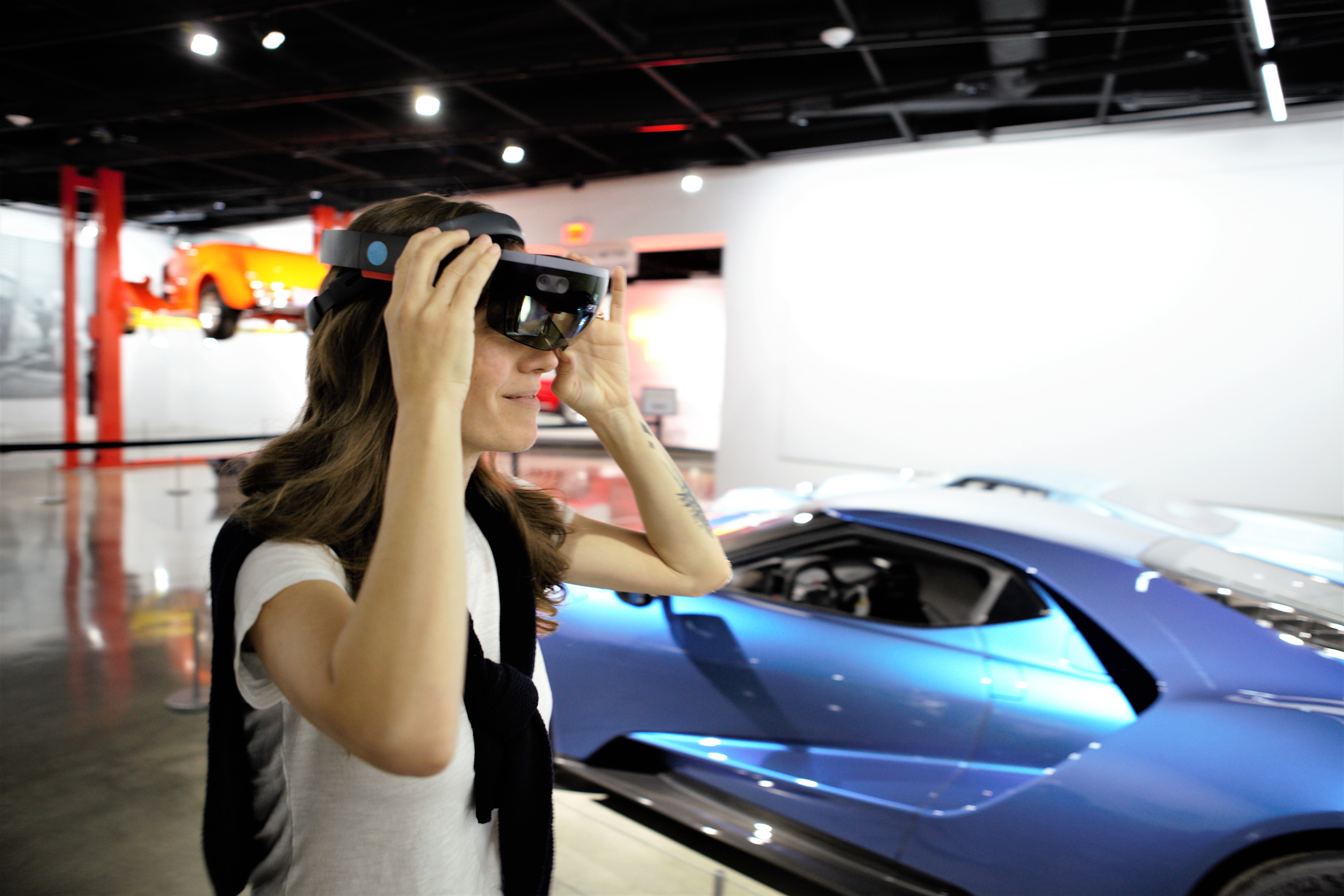 Woman wearing HoloLens looking at