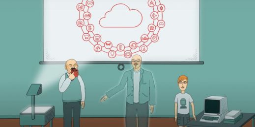 Three cartoon characters on a stage