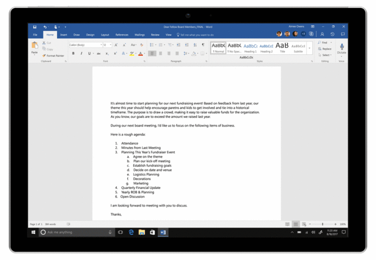 GIF displaying Dictate in Word