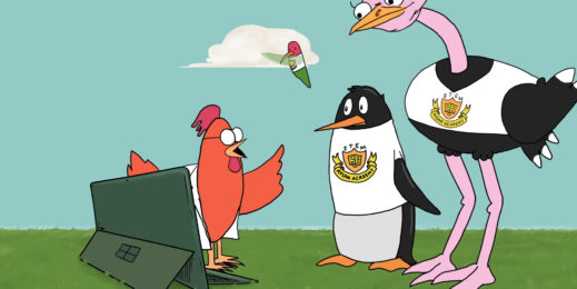 Still image from animation of winged animals and laptop