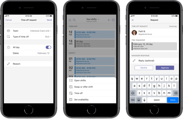 Phones displaying shifts in Microsoft Teams