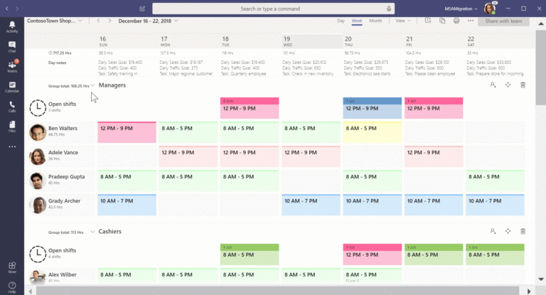 Grid showing adding a shift in Teams