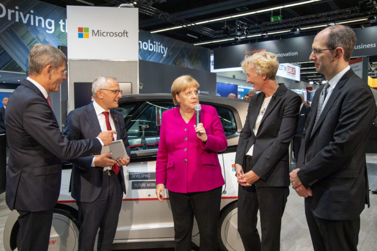 Angela Merkel and Scott Guthrie at Microsoft's IAA booth