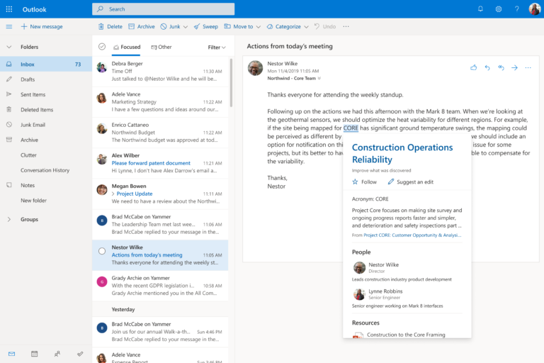 Outlook Inbox with topic card