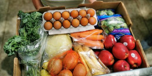 A dozen eggs in a basket of produce