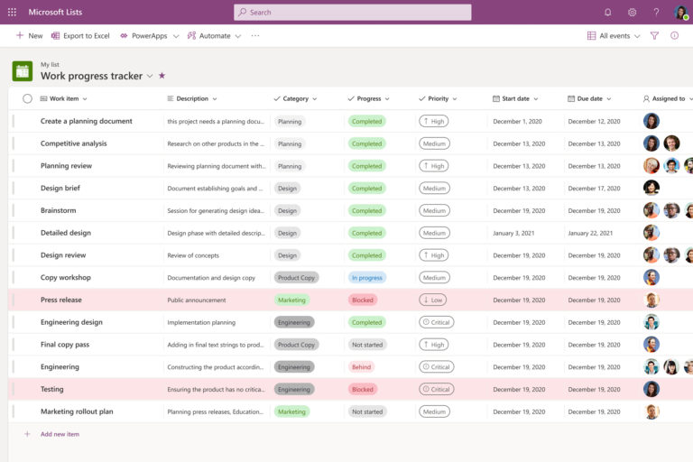 Microsoft Lists: Work progress template in grid view