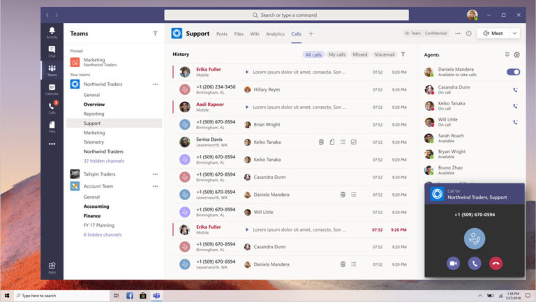 Teams user interface including a phone call