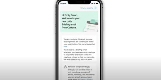 Mobile phone displaying daily briefing mail from Cortana