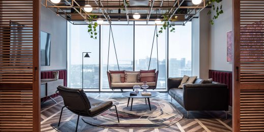 Meeting room with window view, couch and swing