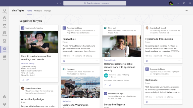 Topic center home with personalized content and learning