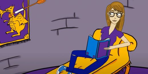 Woman on a couch in a castle