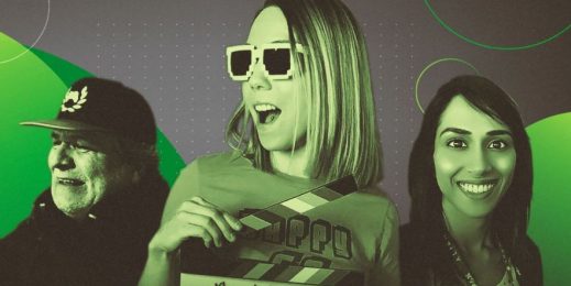 A man and two wormen in front of a stylized background