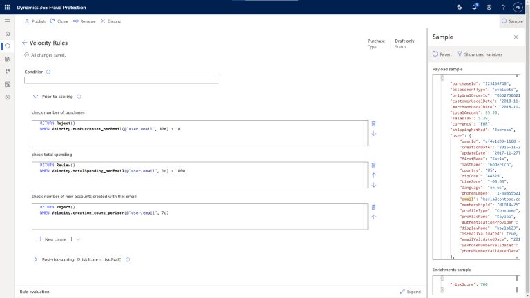 Dynamics 365 Fraud Protection: Velocity Rule Draft